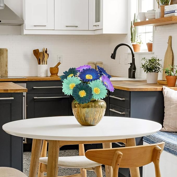 8 Pcs Multi Blue Flowers Small Artificial Gerbera Daisies 11.8” PU Faux Daisies for Table Centerpiece Arrangement Bathroom Kitchen Home Decor