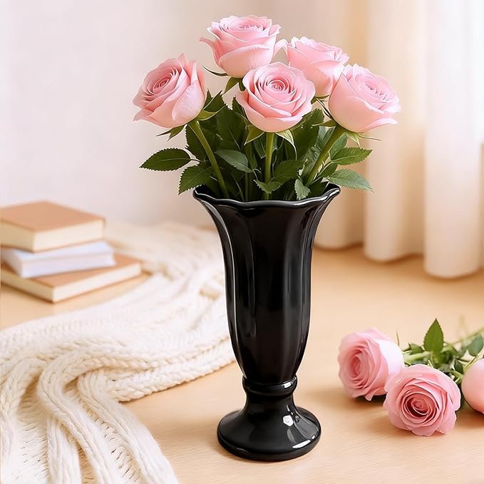Black Fluted Ceramic Vase with Pedestal Base, 10 Inch Tall Modern Flower Vase for Dining Table Decor, Centerpieces, Countertops, Decorative Vases for Home Decor, Living Room, Kitchen, Wedding