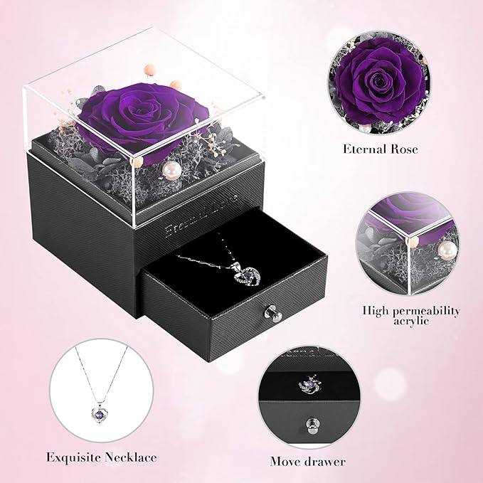 SHOKUTO Preserved Rose,Birthday Gifts for Women Mom Girlfriend,Gifts for Mom Grandma Wife Daughter Sister,Jewelry Boxes with Necklace