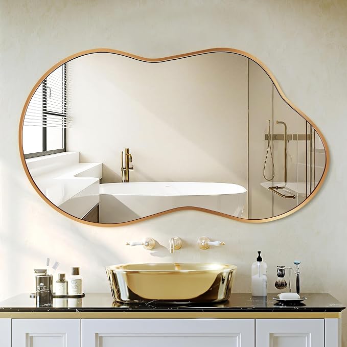 Dorlicecass Irregular Wall Mirror - Wall Mirrors Decorative 24"x36" Gold Asymmetrical Mirror Tempered Glass Aviation Aluminum Alloy Frame for Bathroom, Bedroom, Living Room, Cloakroom, Entryway