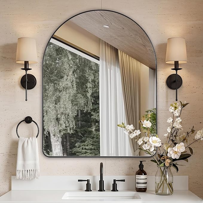 ANDY STAR Arched Mirror, 28 x 36 Inch Black Wall Mirror in Stainless Steel Metal Frame, Arch Top Rounded Corner 1 Inch Deep Set Design Wall Mount Hangs Vertical