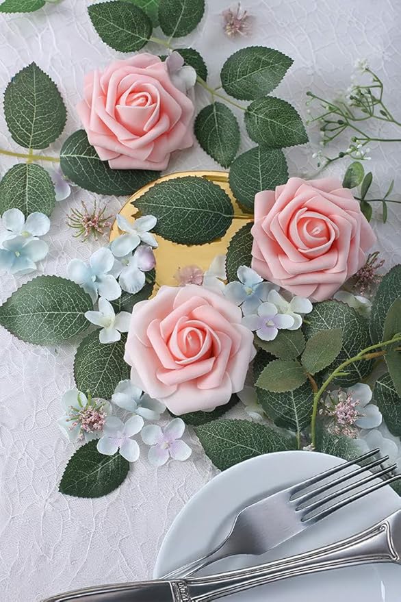Blush Pink Artificial Roses 25pcs, Real Looking Fake Flowers with Stems for DIY Wedding Centerpieces, Bridal Shower, Party, Valentine's Day Gift, Home Decor