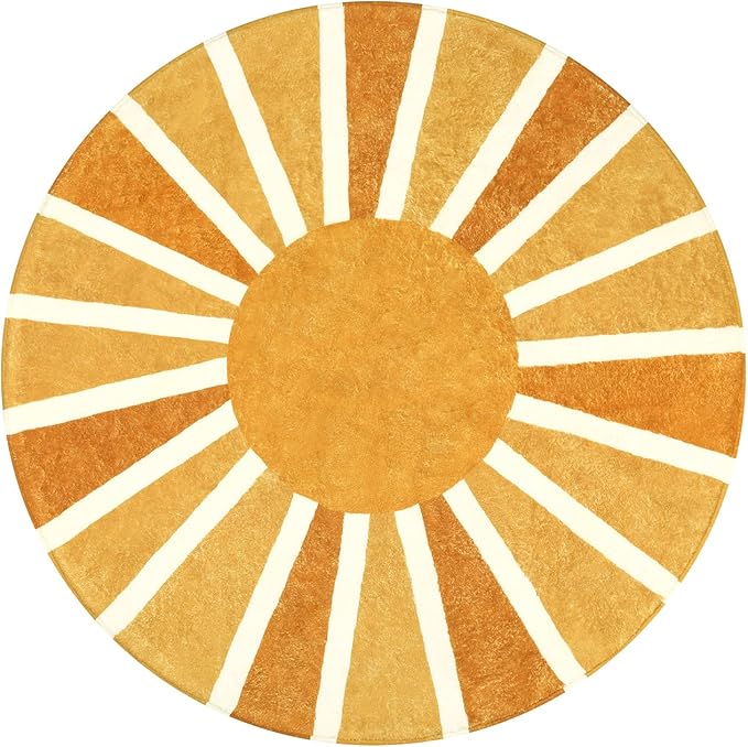 Lahome Boho Round Rugs - 4Ft Washable Non-Slip Small Round Area Rug Throw Soft Sofa Kids Nursery Room Rug Rainbow Sun Print Distressed Round Carpet for Bedroom Entryway Living Room Dining Room