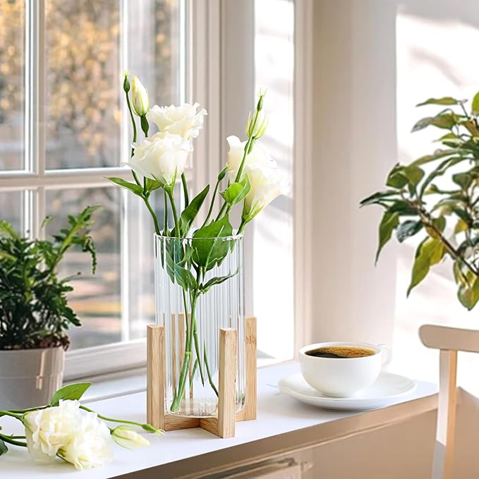 Glass Cylinder Vase with Wood Base,Bud Vase for Centerpieces,8 Inches Clear Ribbed Flower Vase,Tall Glass vase Hurricane Candle Holder,Wooden Vase Decorative for Home Decor,Wedding,Housewarming Gift