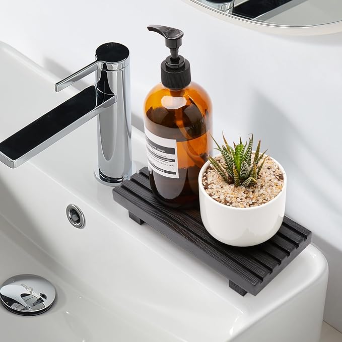 Renawe Small Black Bathroom Decor Tray for Counter Dish Soap Holder Wooden Pedestal Stand for Kitchen Sink Soap Dispenser Wood Risers Kitchen Accessories Countertop Vanity Counter Sponge Sink Tray