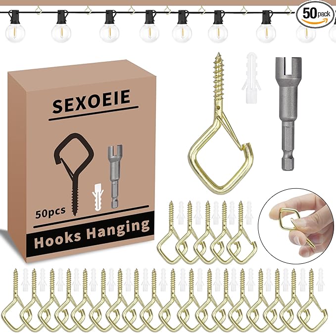 Sexoeie 50 PCS Gold Eye Screw Hooks for Hanging Heavy Duty with Safety Buckle.Metal Ceiling Hooks for Hanging Plants Cup Wind Chime Bird Feeders Patio Lights at Indoor&Outdoor