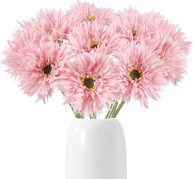Gerbera Daisy Artificial Flowers 12pcs Pink Fake Silk Flowers Faux Daisies Bouquet with Stems for Wedding Bouquet Home Party Garden Outdoor Decoration(Pink)