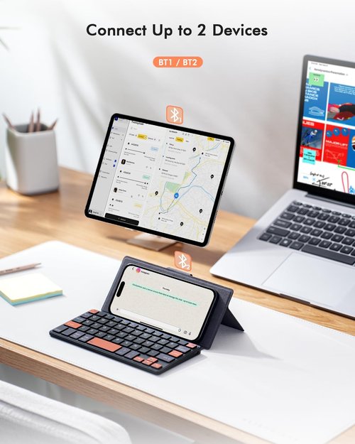 Doohoeek Universal Bluetooth Mini Keyboard - Wireless Compact Design with Orange Keys | Any-Angle Stand for Android/iOS/Windows