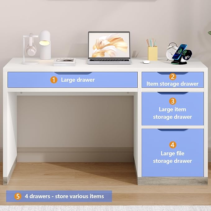 52 Inch White Desk with Drawers, Small Desk with Storage for Kids, Study Worksation with Filing Cabinet and 4 Drawers for Bedroom