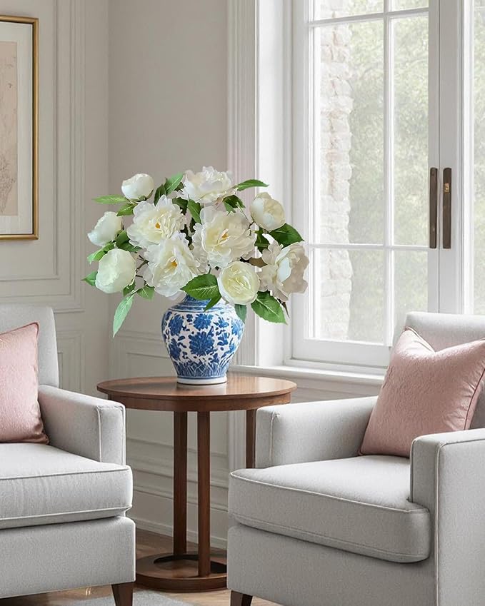 Premium White Peonies Artificial Flowers, Bulk Fake Silk Peony Flowers with Stems, Faux Florals for DIY Wedding Bridal Bouquets, Floral Arrangements, Table Centerpieces, Home Decorations