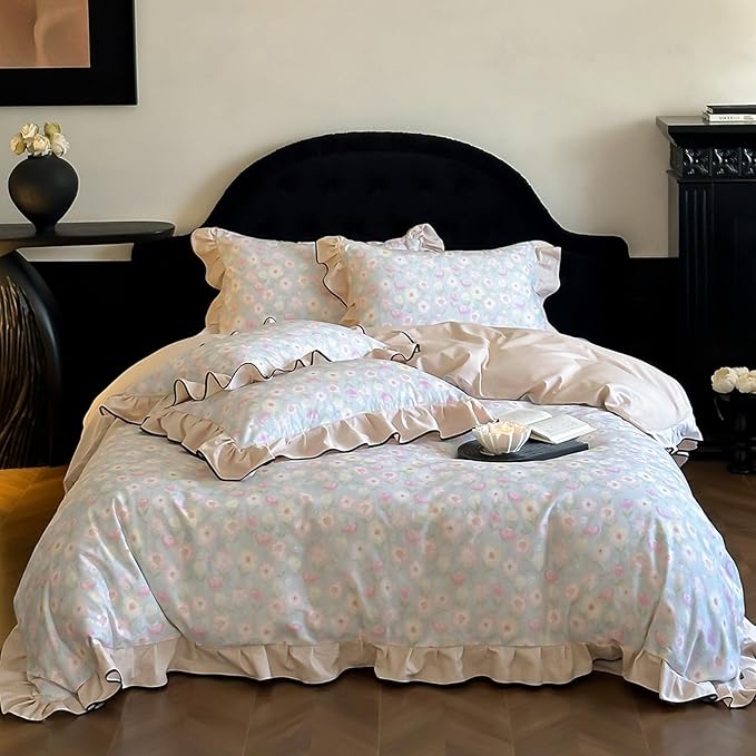 HighBuy Cottagecore Floral Ruffle Duvet Cover Queen for Teen Girls,Coquette Bedding Ruffle Duvet Cover Set Shabby Chic Brushed Cotton Bedding Set Breathable Durable Luxury with Zipper