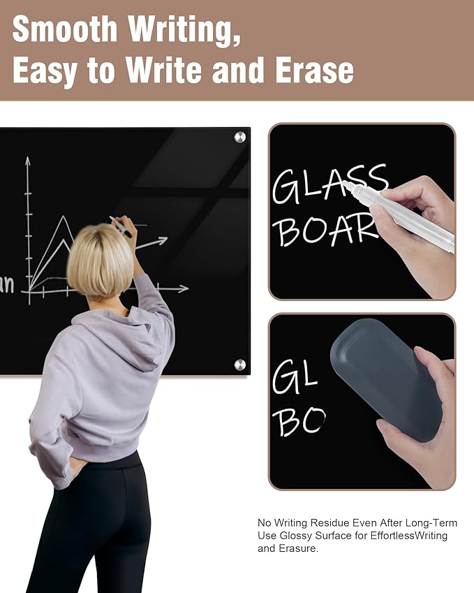 Mifuro Magnetic Glass Whiteboard，24"x18" Wall Mounted Frameless Dry Erase Board for Office, Home & School Black
