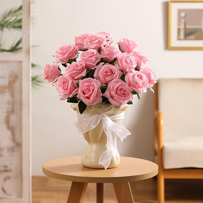 Kisflower 60 Pcs Pink Roses Artificial Flowers Bulk, Silk Roses with Stems Realistic Roses Artificial for Decoration DIY Wedding Bouquet Bridal Shower Party Home Table Centerpieces Decor (Pink)