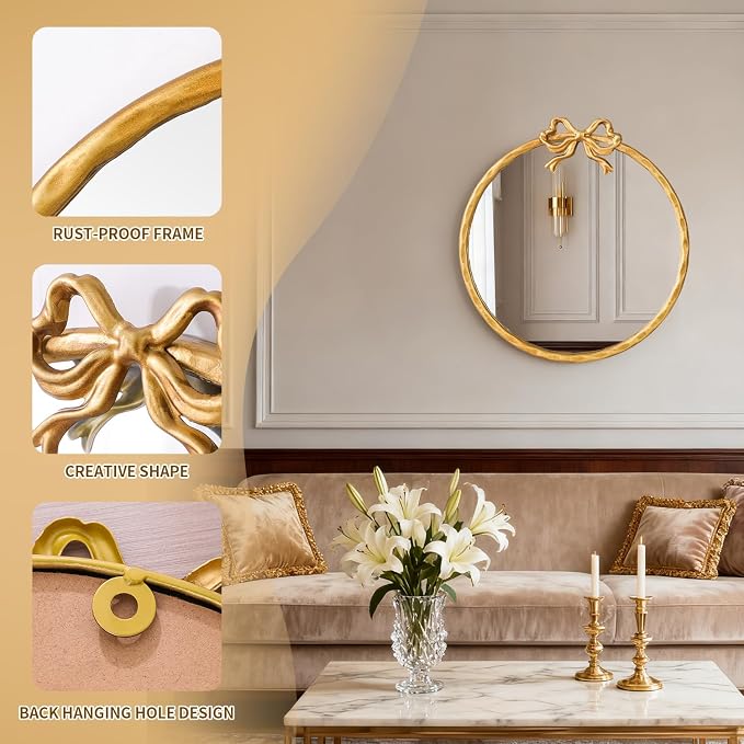 2026 Spring Women's Gifts 16 Inch Vintage Gold Round Wall Mirror, Antique Ornate Metal Circle Mirror with Baroque Bow Decor for Bathroom Vanity, Bedroom(Gold, 16" Lx16 W)