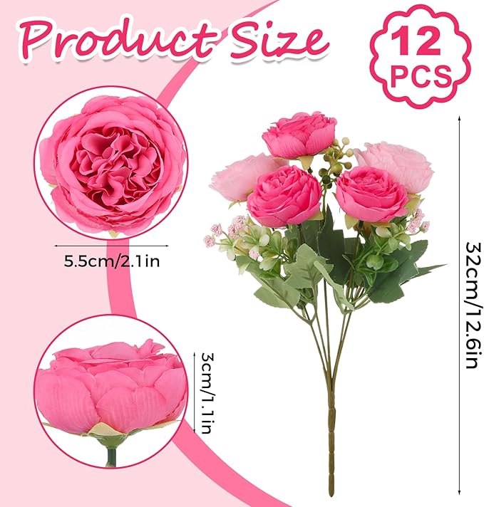 Olgaa 12 Bundles Peonies Artificial Flowers Artificial Peonies Silk Flowers Bulk Fake Peony Bouquet for Bridal Shower Decorations Wedding Table Centerpiece (Double Pink)