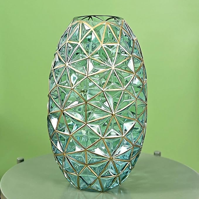 Hand Painted Gold and Green Diamond Shaped Glass Crystal Vase 13.6 inch Tall (Hand Painted Gold and Green)