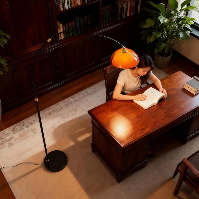 MIXL-Dome Shade Black Arc Floor Lamp,Adjustable Height & Shade Reading Floor Lamps,Dimmable Office Light Fixture,Mid Century Modern Standing Light for Living Room Bedroom