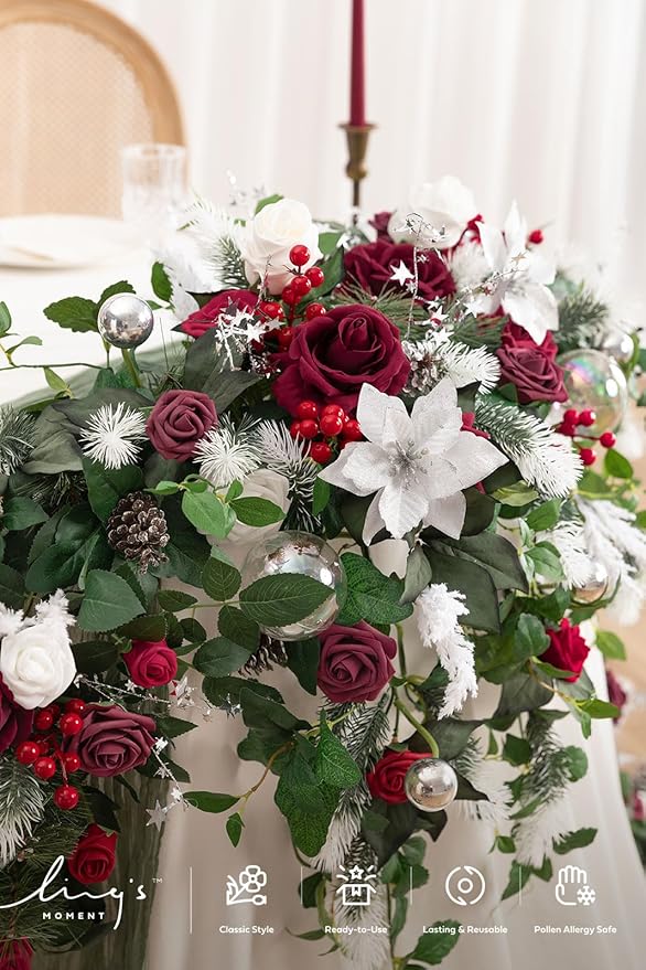 Ling's moment Christmas 9FT Eucalyptus and Willow Leaf Garland with White Flower, Handcrafted Wedding Sweetheart Table Centerpieces Head Table Decor Arch Backdrop Decorations for Wedding | Red & White