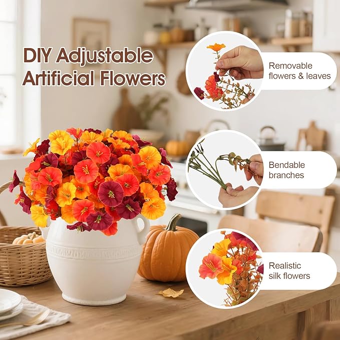 10Pcs Artificial Fall Outdoor Flowers Mums, Faux Silk Realistic Morning Glory Floral Arrangement Planter UV Resistant for Porch Patio Window Box Balcony Garden Decor (10, Fall 3 Colors)