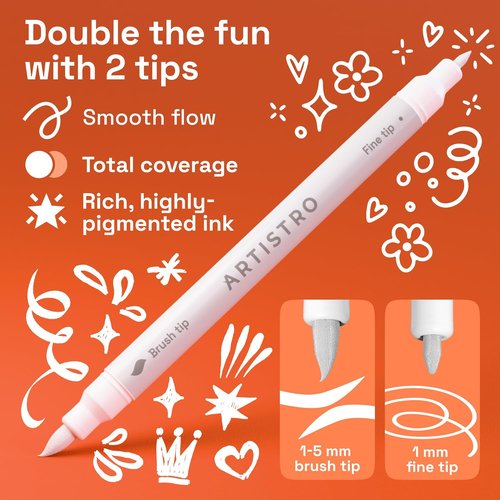 ARTISTRO 12 White Acrylic Paint Markers - Versatile Paint Pens with Brush & Fine Tips - Ideal for Fabric, Rock, Glass, Wood, DIY Projects - Perfect Art Supplies for All Ages
