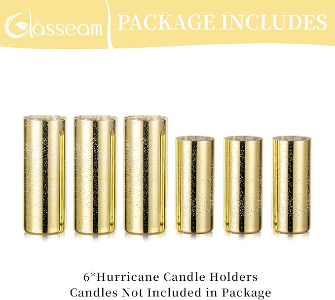 Glasseam Gold Cylinder Vases for Centerpieces: 6 Modern Mercury Hurricane Glass Vase Set for Flowers - Decorative Golden Pillar Candle Holders for Wedding Party Dining Room Table Decor