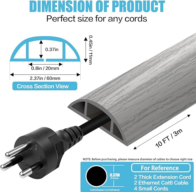 Floor Cord Cover Cavity 0.8"x0.37" Self Adhesive Cord Hider, 10FT Low Profile Cable Management, Extension Strip Protector for Wires, Prevent Cable Trips for Offices, Gyms, Exhibitions (Gray Wood)