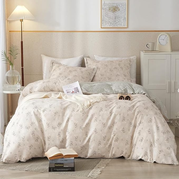 HighBuy Boho Floral Duvet Cover Full Cotton Aesthetic Bedding Set,Comforter Cover 3 Piece,Reversible Green Garden Lightweight,Soft,Zipper Closure,Breathable,All Season