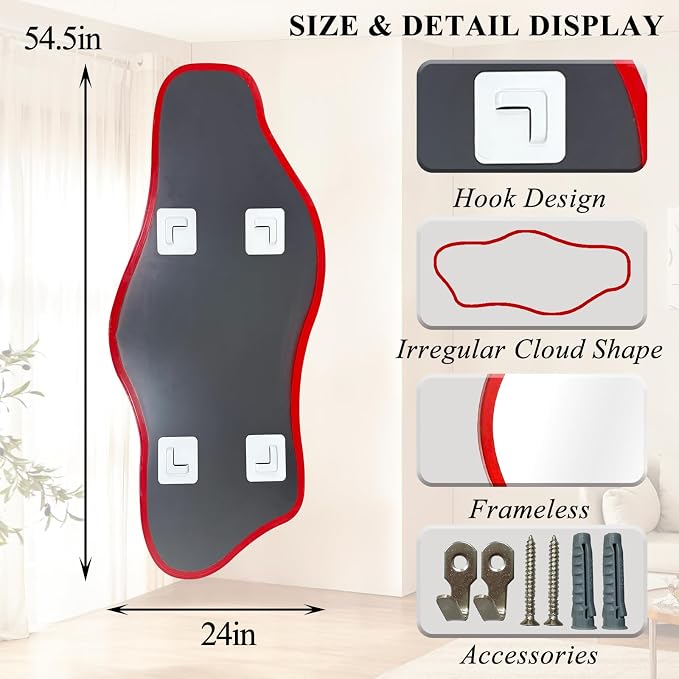 Large Irregular Mirror, 54.5"x24" Red Asymmetrical Tempered Glass Mirror, Modern Organic Shape Frameless Mirrors for Entryway Hallway Bedroom Living Room, Horizontal or Vertical Hanging