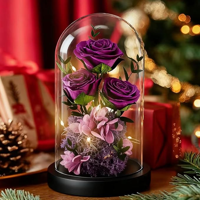 Birthday Gifts for Women Mom Fresh Flowers for Delivery Prime Forever Preserved Rose in Glass Dome Gifts for Her Girlfriend Grandma Daughter Wife Valentines Mothers Day Christmas Anniversary-Purple ﻿