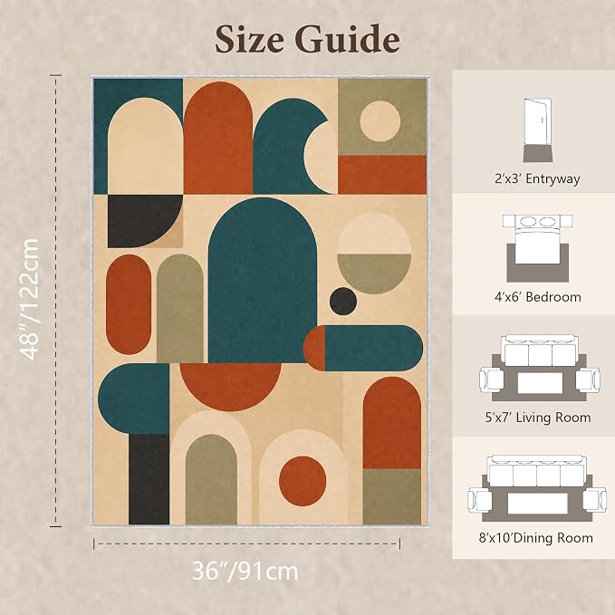 Teal Rust Area Rug 3x4, Mid Century Modern Mosaic Geometric Rug, Retro Abstract Color Block Washable Low Pile Non Slip Rug for Living Room Bedroom
