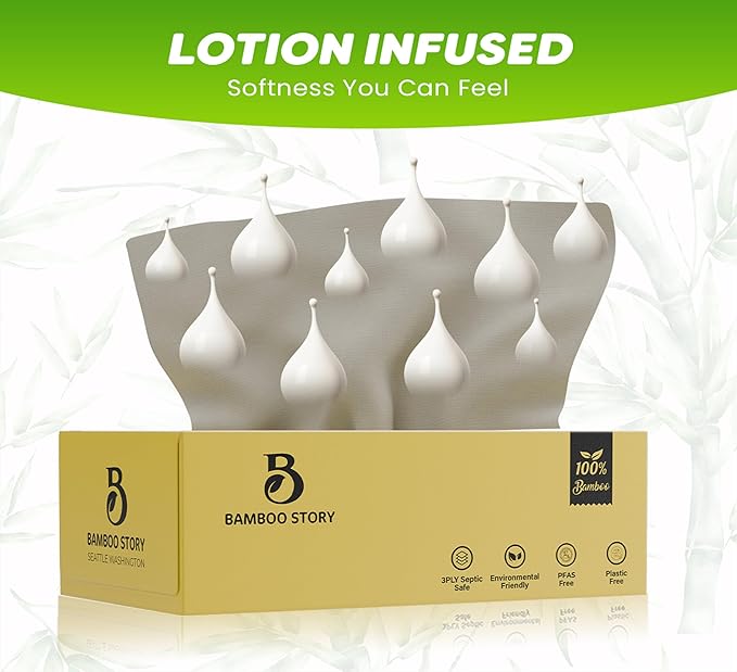 Bamboo Facial Tissues, Lotion Soft, 3-Ply Unbleached & Chemical-Free 1440 Sheets, Hypoallergenic for Sensitive Skin, FSC Certified, Plastic-Free, PFAS-Free, 100% Bamboo Tissues (12)