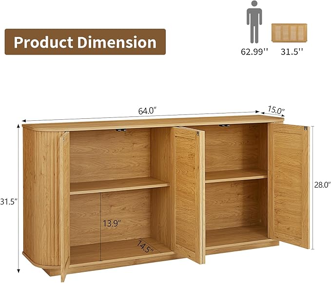 64" Sideboard Buffet Rattan Cabinet, Modern Fluted Credenza with Adjustable Shelves, Wooden Storage Cabinet TV Stand for Living Room Kitchen Dining Room Hallway, Natural