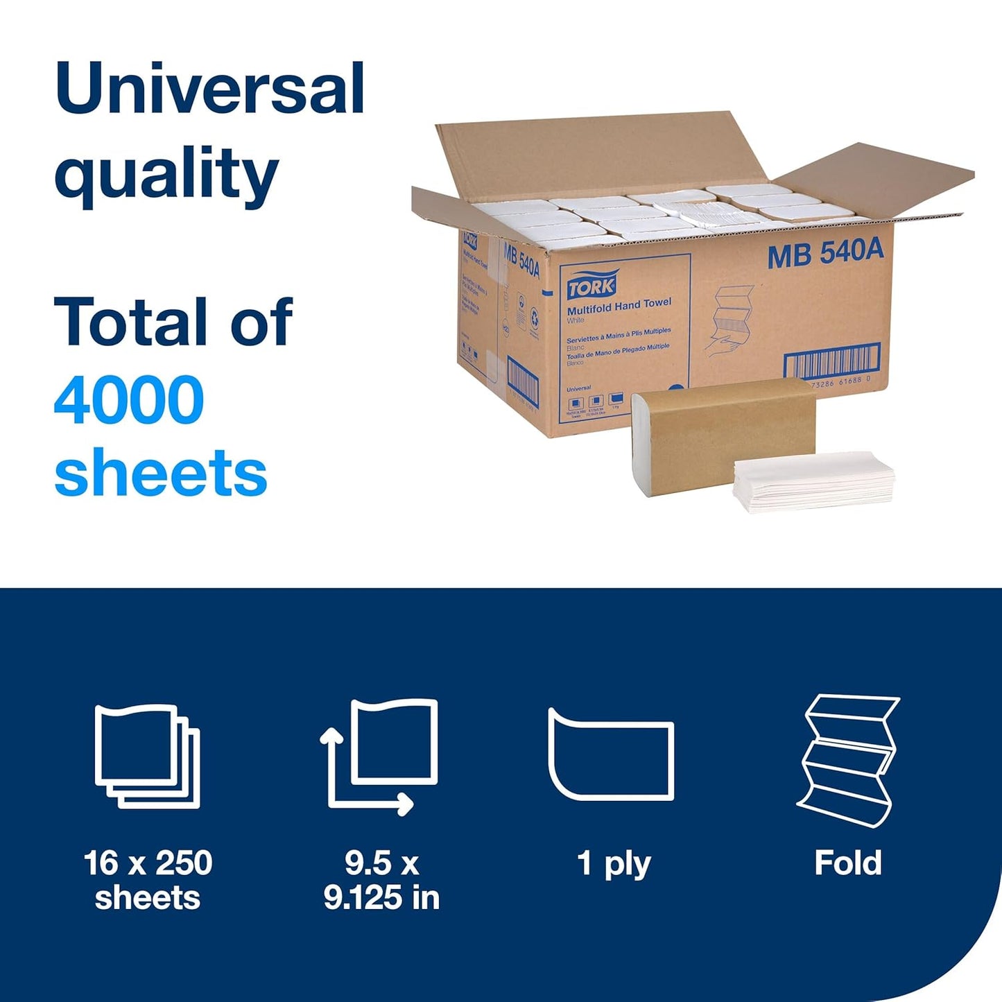 Tork Multifold Hand Towels - Eco-Friendly White, 100% Recycled Fibers, 16 Packs of 250 Towels