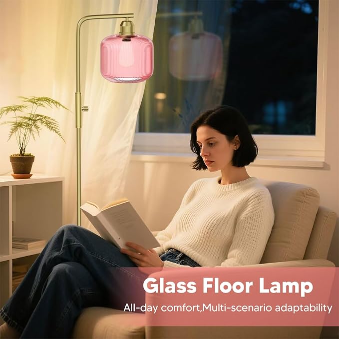 Glass Floor Lamp for Living Room, Modern Standing Lamp with Pink Ribbed Glass Lampshade&Brushed Gold, Stepless Dimmable and Rotary Switch, 66” Tall Lamp & Gold Floor Lamp for Bedroom Study Room, Pink