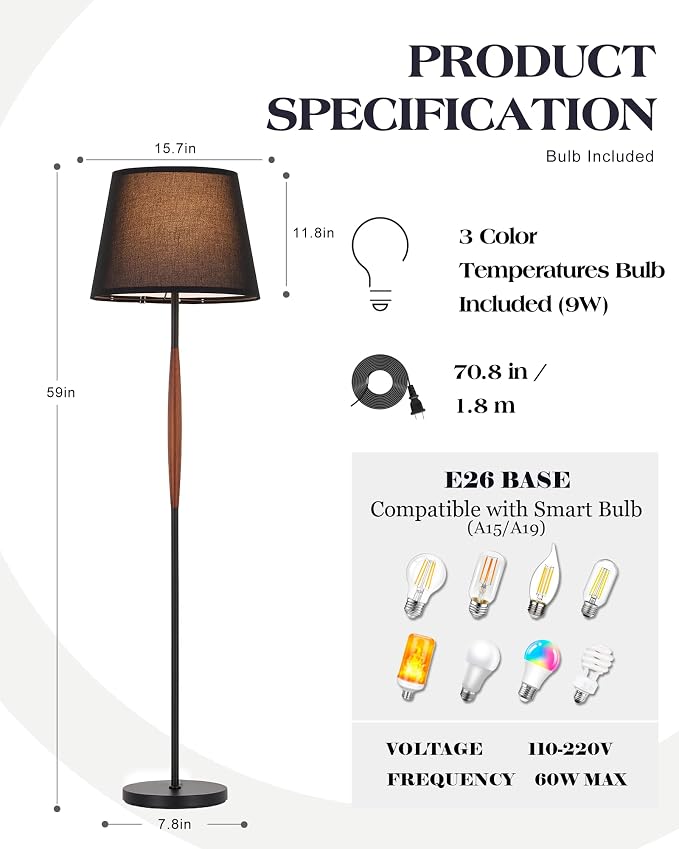 ELYONA Mid Century Modern Floor Lamp, Solid Wood Reading Standing Lamp with Black Linen Fabric Shade, Vintage Corner Light for Living Room Bedroom Office 3 Color Temperatures 9W Bulbs Included, Walnut