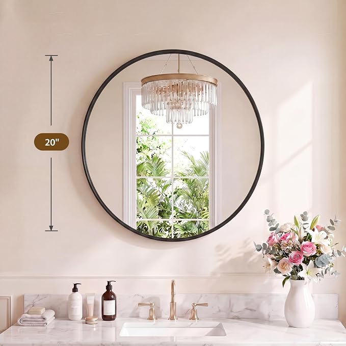 Sweetcrispy Bathroom Round Mirrors for Over Sink, 20 Inch Wall Circle Mirror with Matte Metal Frame, Modern Wall Mount Vanity Mirror for Home Decor, Living Room, Bedroom, Black