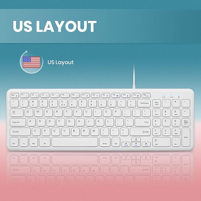 Perixx PERIBOARD-213W Wired Quiet USB Scissor Keyboard - 14.45x4.76x0.70 Inches - Compact Design with Number Pad - White - US English (PERIBOARD-213US)