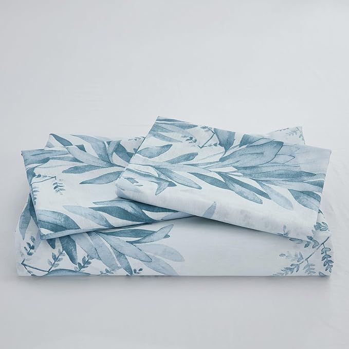 100% Cotton Duvet Cover Queen Size 3 Pieces, Blue Leaf Duvet Cover with Zipper Closure, Soft Floral Bedding Set White and Blue for All Season, Breathable, Ultra Soft