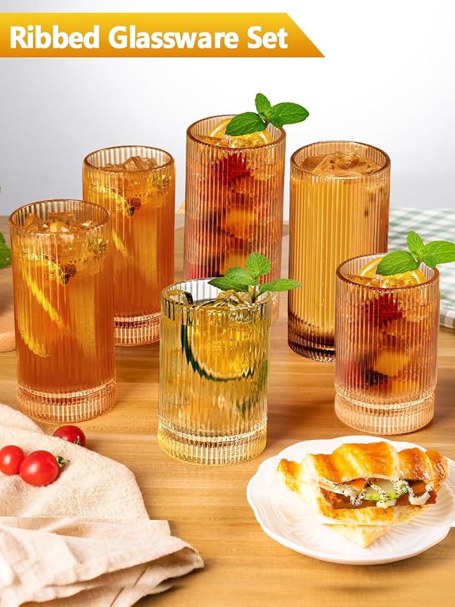 Ribbed Glassware Vintage Drinking Glasses 12Pcs Set （6 Highball Glasses 16Oz And 6 Rocks Glasses 13Oz） Amber Ribbed Glass Cups For Iced Coffee, Cocktails, Juice, Beer, Everyday Drinking