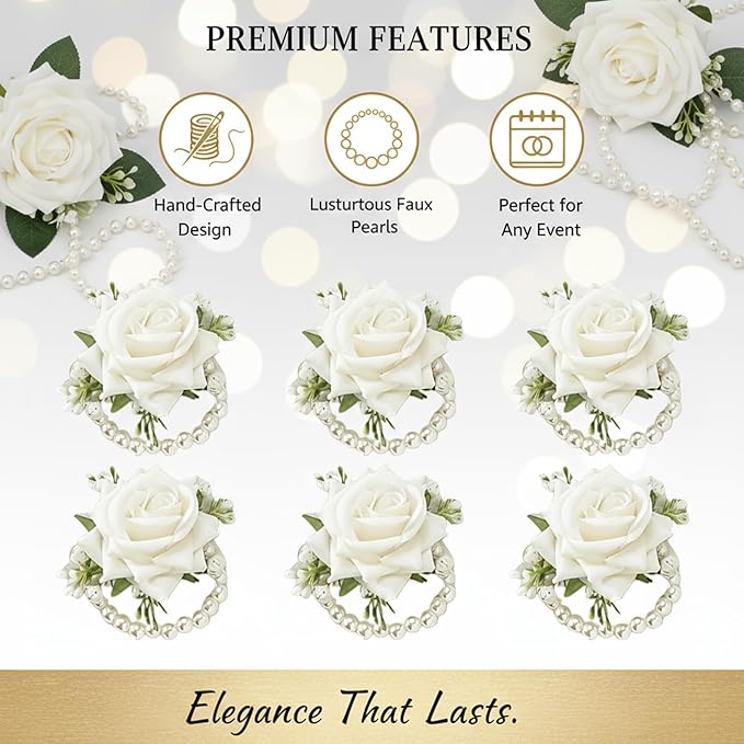 6 PCS Artificial Flowers Wrist Corsage Wristlet Band，Wedding Ball Accessories for Brides, Grooms, Bridesmaids