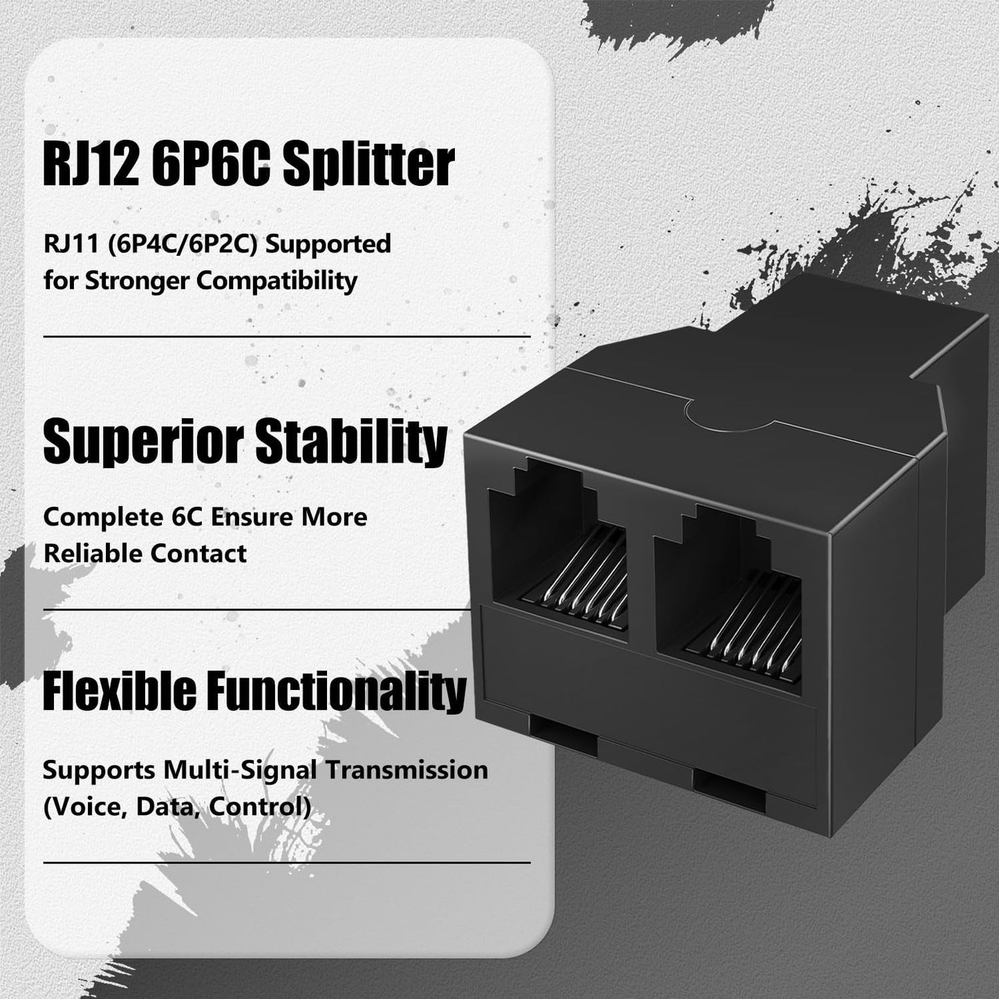 Uvital Telephone Line Splitters - RJ12 6P6C 1 Female to 2 Female Connectors | Black, 2 Pack