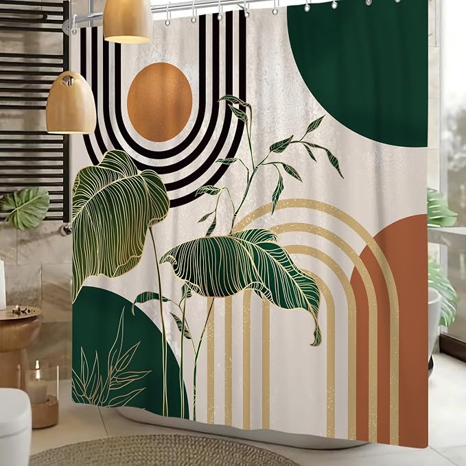 Boho Green Geometric Shower Curtain Bohemian Abstract Mid Century Tropical Bathroom Curtain Minimalist Modern Palm Leaf Shower Curtain Sets for Bathroom Extra Long 60x72 in with 10 Hooks