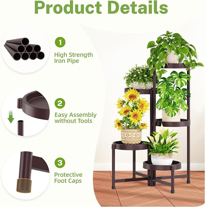 iDavosic.ly 5 Tier Folding Plant Stand Indoor Outdoor with Plastic Tray, Tiered Corner Flower Holder Shelf, Metal Orchid Display Rack for Patio Porch Living Room Garden Balcony, Bronze