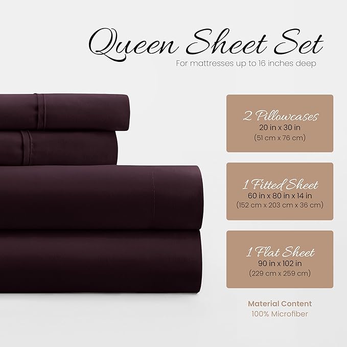 Linen Market Brushed Microfiber Queen Sheet Set 4 Piece – Oeko-TEX Certified Ultra Soft & Wrinkle-Free - 16" Deep Pocket Sheets - Easy Care Queen Size - Purple