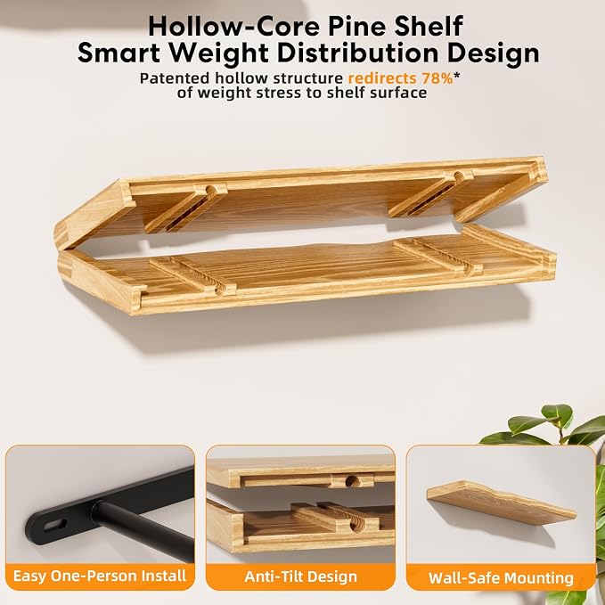 Solid Wood Live Edge Floating Shelves Set of 1 – 55" Rustic Wall Shelf with Hidden Bracket System, Wall Mounted Shelves for Bathroom, Kitchen, Living Room, Bedroom (Natural)
