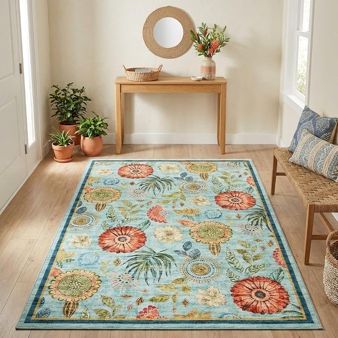 Washable 4x6 Small Area Rug for Living Room Boho Floral Soft Bedroom Rug Non Slip Office Rugs Low Pile Kitchen Small Carpet Stain Resistant Throw Rug for Bedside Kids Room Dining Room, Blue