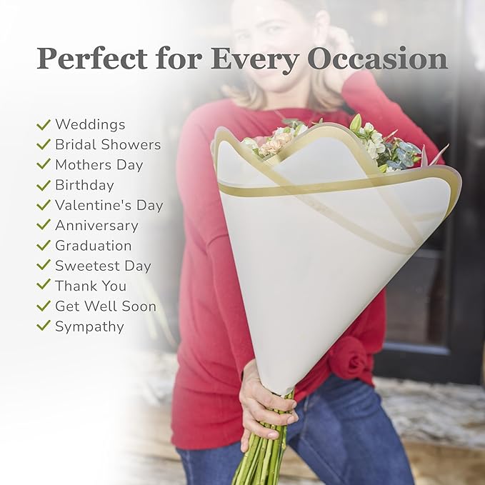 the florist Supply 20 Sheets Premium Flower Wrapping Paper | Waterproof Flower Wrapping Paper for Bouquets | Double Sided Floral Bouquet Sheets | DIY Gifts Rocio White/Gold