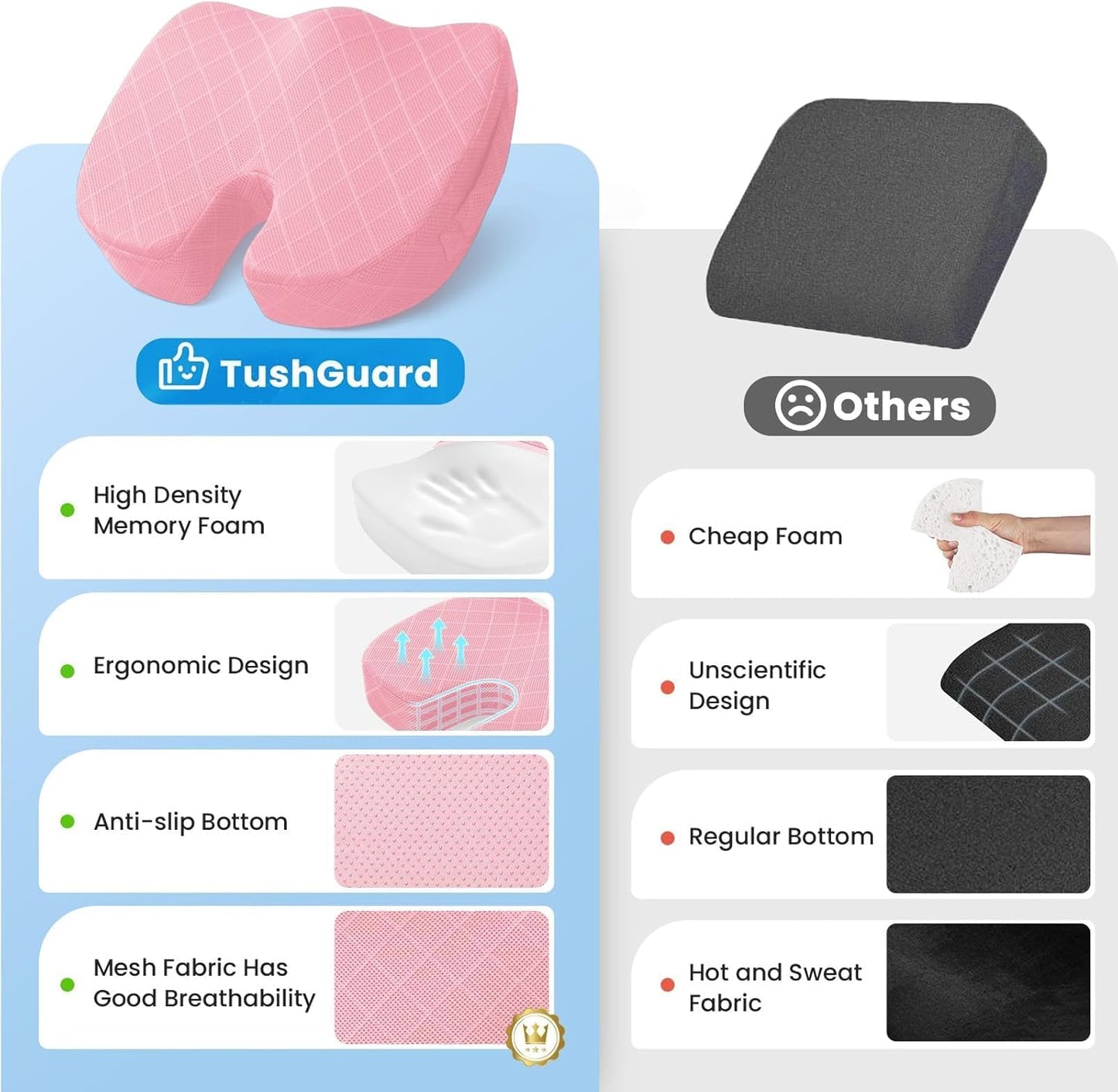 TushGuard Memory Foam Seat Cushion - Non-Slip Tailbone Pain Relief Pad for Office & Car | Pink, X-Large