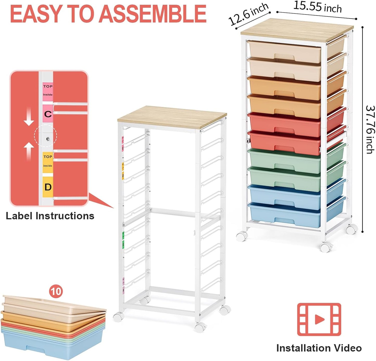 SYKIARIOL Rolling Cart - 10 Drawer Utility Storage Cart with Wheels & Wooden Tabletop | Rainbow Color