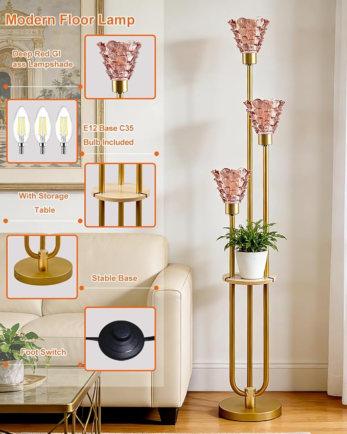 Lightdot Glass Floor Lamp with Shelf Mid Century Modern Gold Floor Lamps with Rose Red Glass Shade & Warm White Bulbs Included Standing Tall Lamp with 5Lbs Heavy Base for Living Room/Wedding/Office